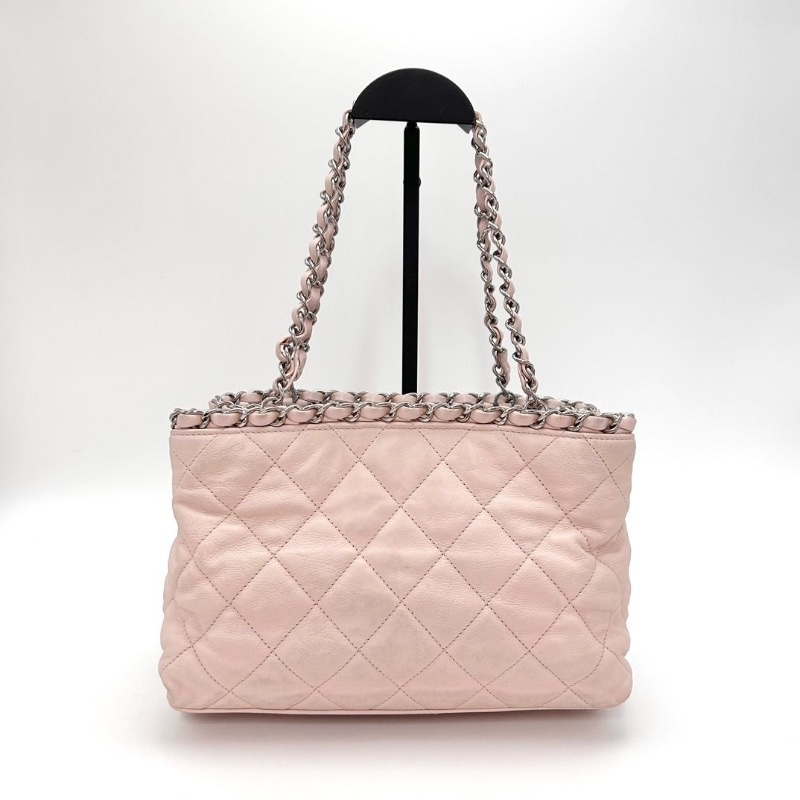 CHANEL 粉銀皮穿鏈滾邊 手提小號托特包 24.5*15.5*13 9新 配件塵袋-2