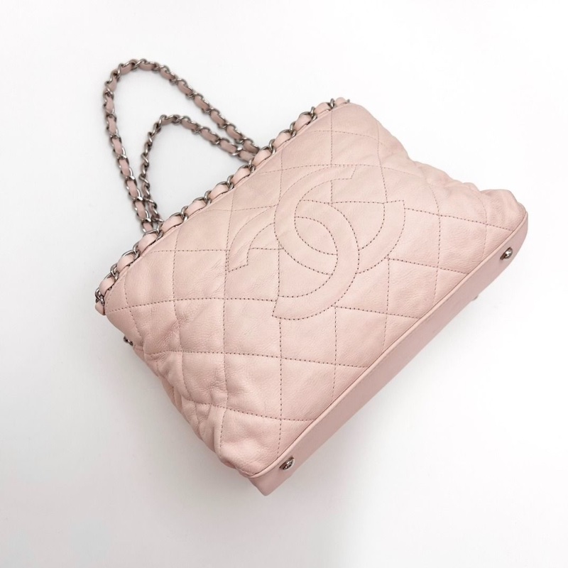 CHANEL 粉銀皮穿鏈滾邊 手提小號托特包 24.5*15.5*13 9新 配件塵袋-3