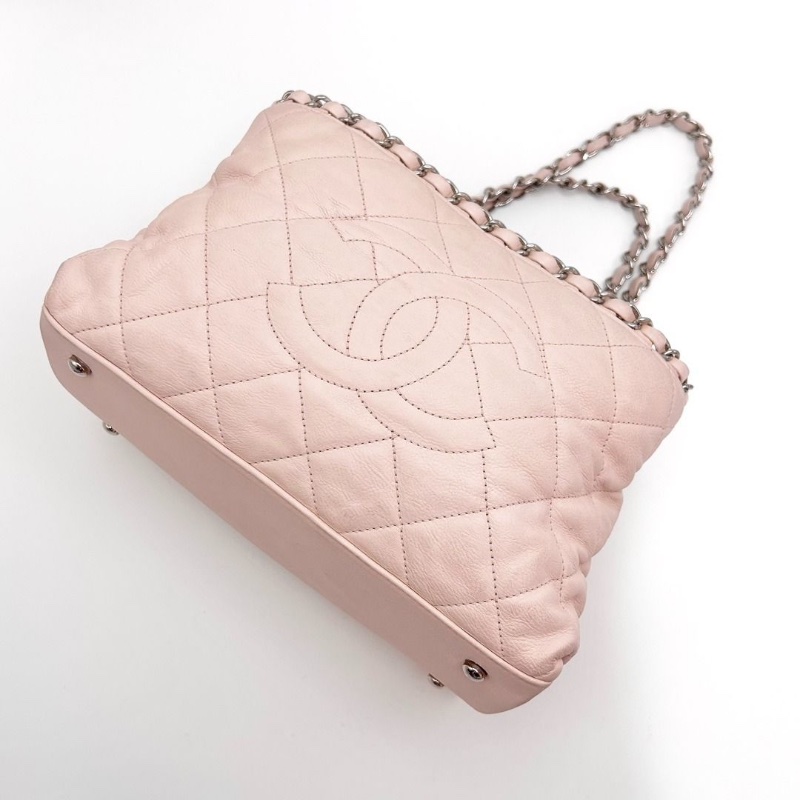 CHANEL 粉銀皮穿鏈滾邊 手提小號托特包 24.5*15.5*13 9新 配件塵袋-4