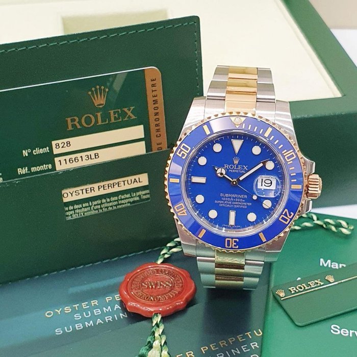 【大眾名錶】ROLEX勞力士 116613LB Submariner 潛行者 2013/10全配件 烤漆面 半金藍水鬼 B1172-3