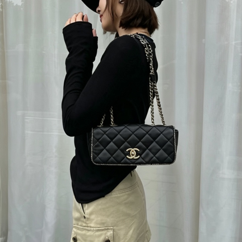 CHANEL香奈兒黑金毛尼菱格滾邊法棍包稀有款難得釋出⚠️-25