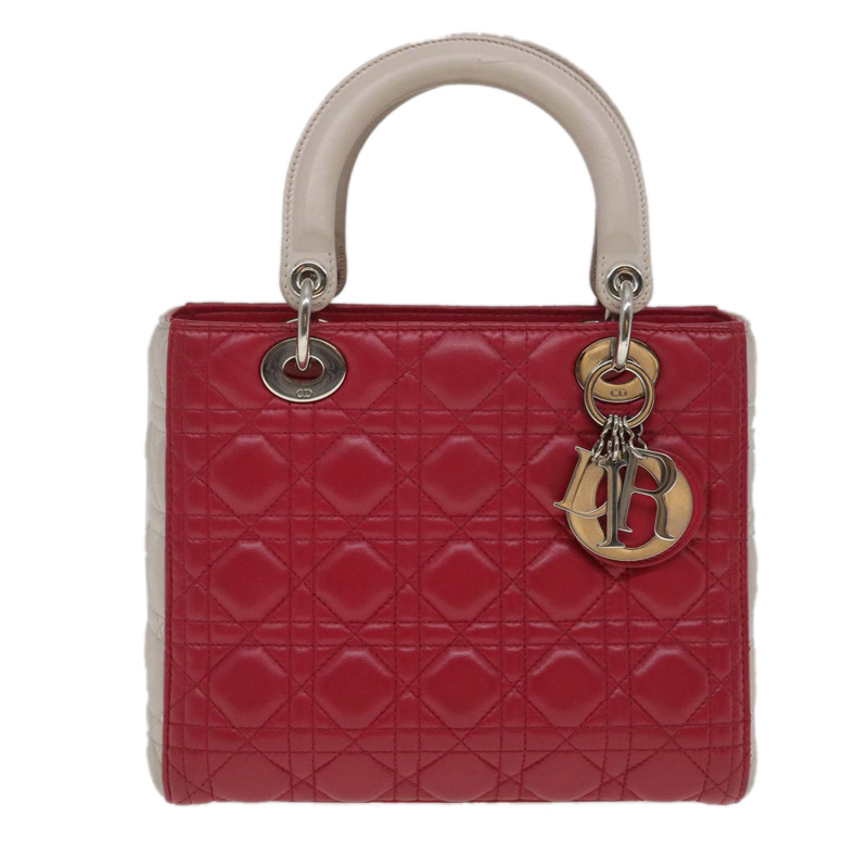 【日本直送】Christian Dior Lady Cannage 中型手提包，羊皮材質，紅白配色，正品，貨號 29502SAV-12