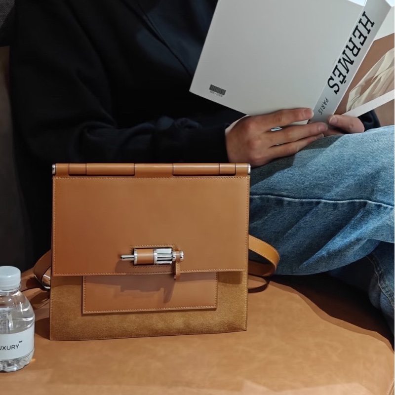 愛馬仕Sacabar 25 金棕銀扣 牛皮拼麂皮款 Y刻 配件：塵袋+盒-0