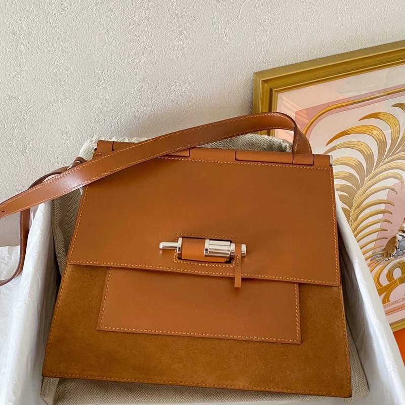 愛馬仕Sacabar 25 金棕銀扣 牛皮拼麂皮款 Y刻 配件：塵袋+盒-1