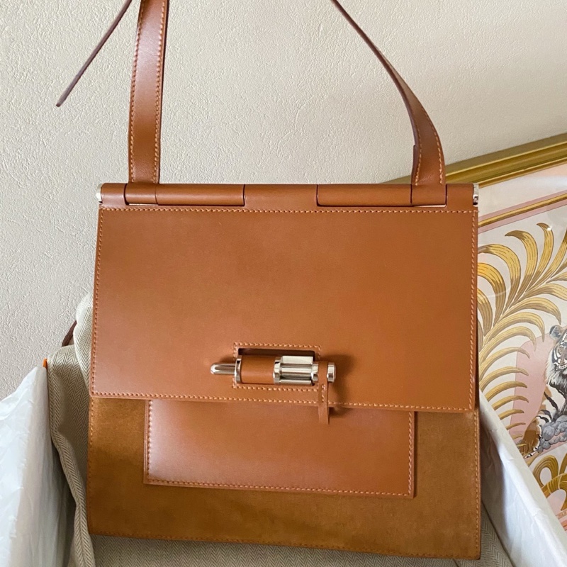 愛馬仕Sacabar 25 金棕銀扣 牛皮拼麂皮款 Y刻 配件：塵袋+盒-2