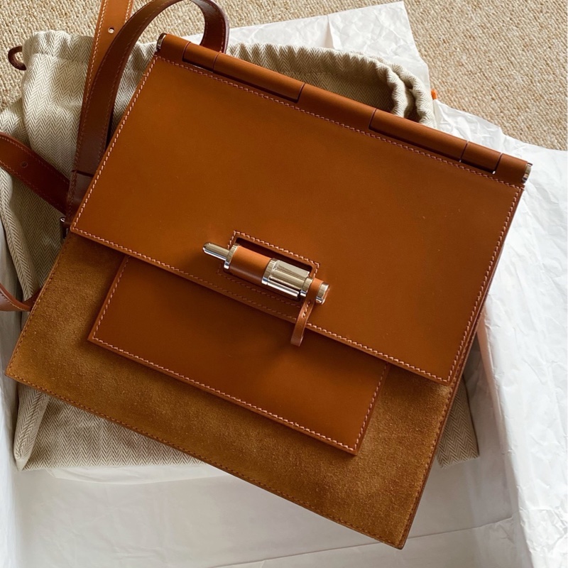 愛馬仕Sacabar 25 金棕銀扣 牛皮拼麂皮款 Y刻 配件：塵袋+盒-5