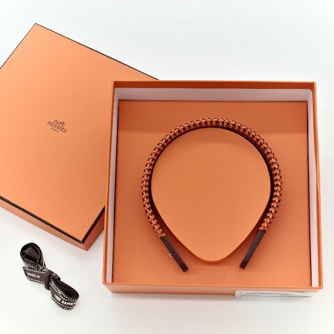 Hermès 愛馬仕 橘色 牛皮 寬版 編織 髮箍