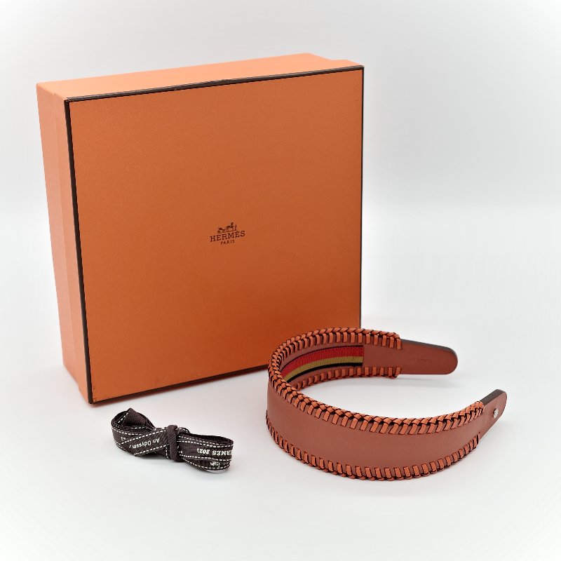 Hermès 愛馬仕 橘色 牛皮 寬版 編織 髮箍-1