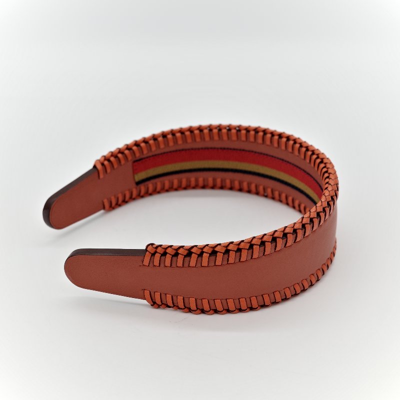 Hermès 愛馬仕 橘色 牛皮 寬版 編織 髮箍-4