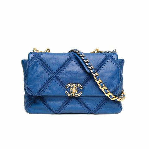 CHANEL 19BAG口蓋包中號藍色牛皮31開金銀扣菱格縫線肩背包