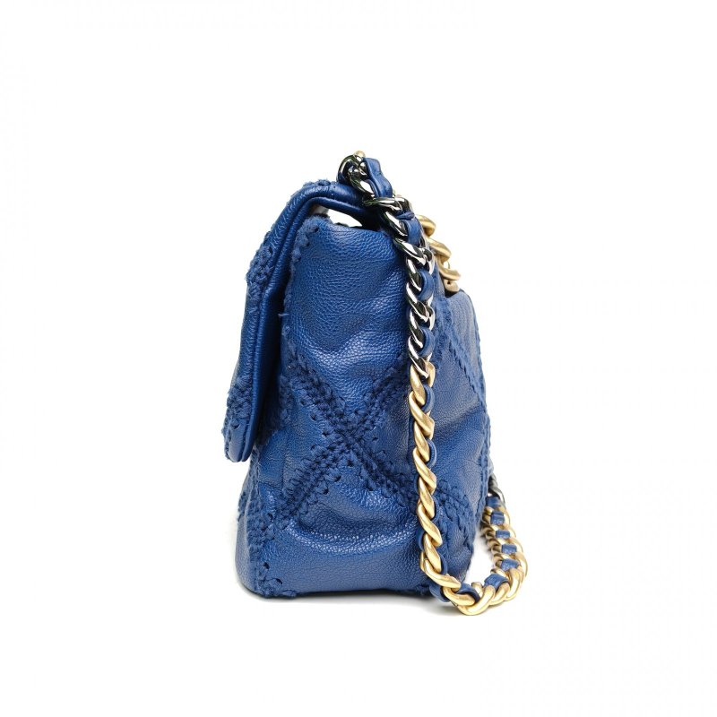 CHANEL 19BAG口蓋包中號藍色牛皮31開金銀扣菱格縫線肩背包-1