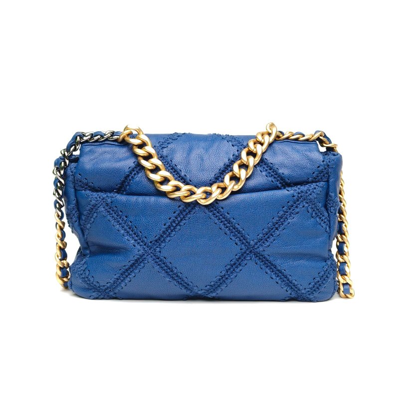 CHANEL 19BAG口蓋包中號藍色牛皮31開金銀扣菱格縫線肩背包-2