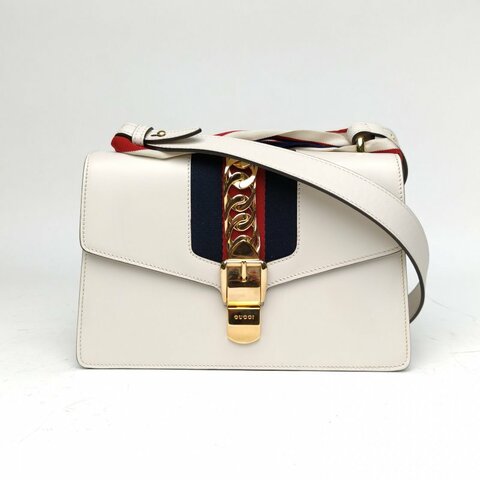 GUCCI Sylvie塞爾維亞絲帶包小號25.5白色牛皮金扣肩背包