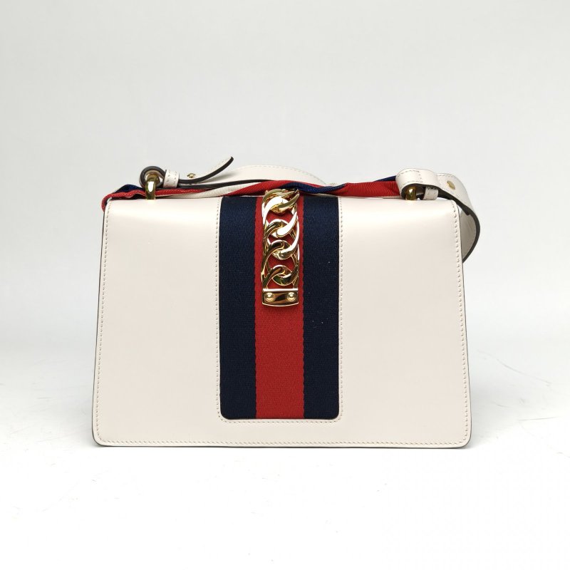GUCCI Sylvie塞爾維亞絲帶包小號25.5白色牛皮金扣肩背包-2