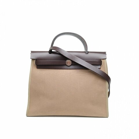 HERMES Herbag31大象灰拼烏木色帆布/牛皮T刻銀扣肩背包