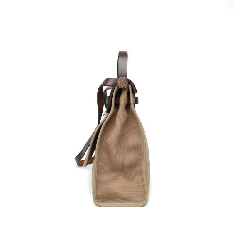 HERMES Herbag31大象灰拼烏木色帆布/牛皮T刻銀扣肩背包-3