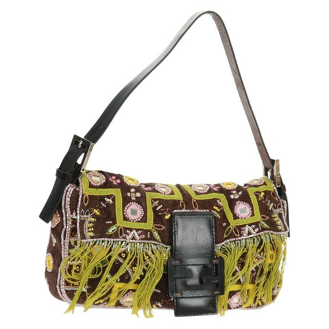 FENDI 珠飾 Mamma Baguette 單肩包 帆布 銀棕色 正品 161704SV