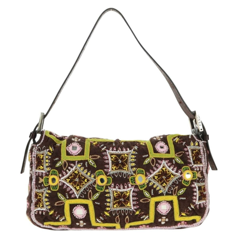 【日本直送】FENDI 珠飾 Mamma Baguette 單肩包 帆布 銀棕色 正品 161704SV-1