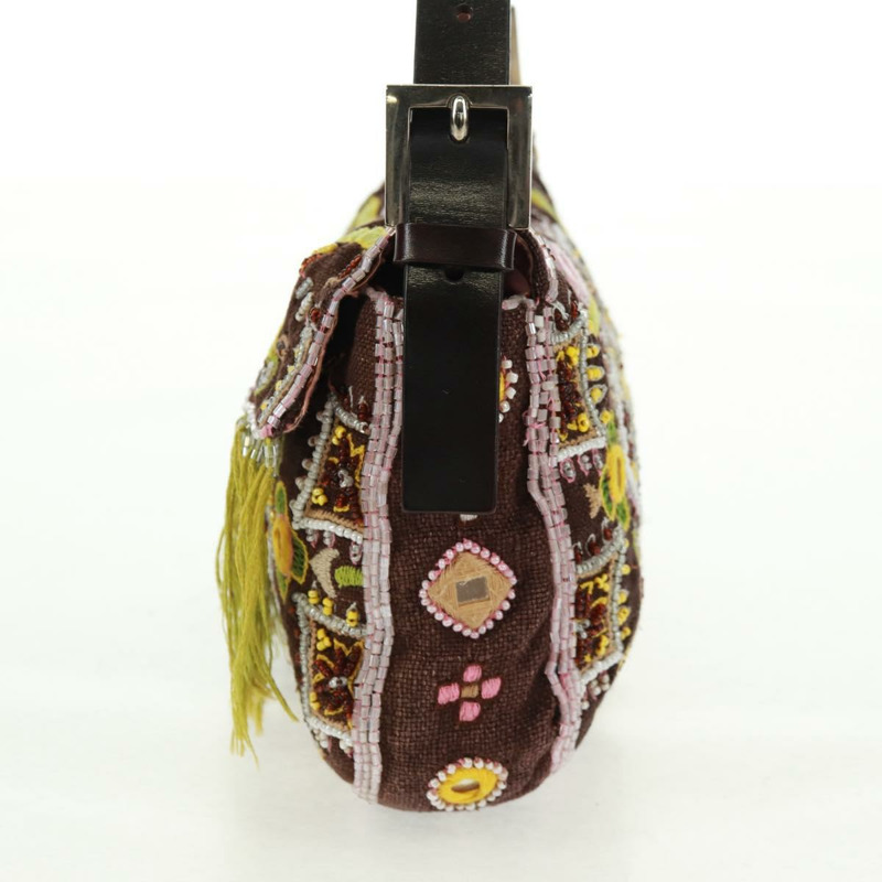 【日本直送】FENDI 珠飾 Mamma Baguette 單肩包 帆布 銀棕色 正品 161704SV-2