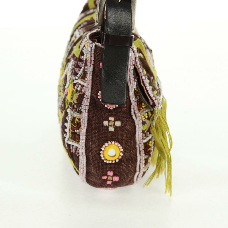 【日本直送】FENDI 珠飾 Mamma Baguette 單肩包 帆布 銀棕色 正品 161704SV-3