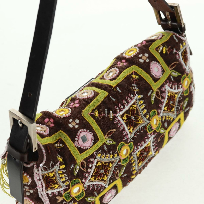 【日本直送】FENDI 珠飾 Mamma Baguette 單肩包 帆布 銀棕色 正品 161704SV-5