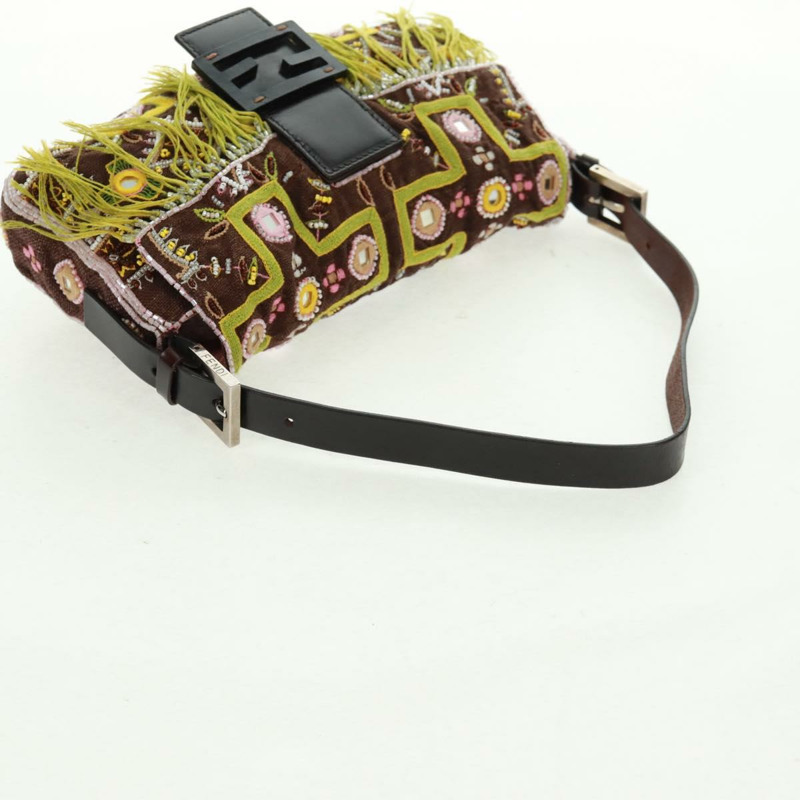 【日本直送】FENDI 珠飾 Mamma Baguette 單肩包 帆布 銀棕色 正品 161704SV-6
