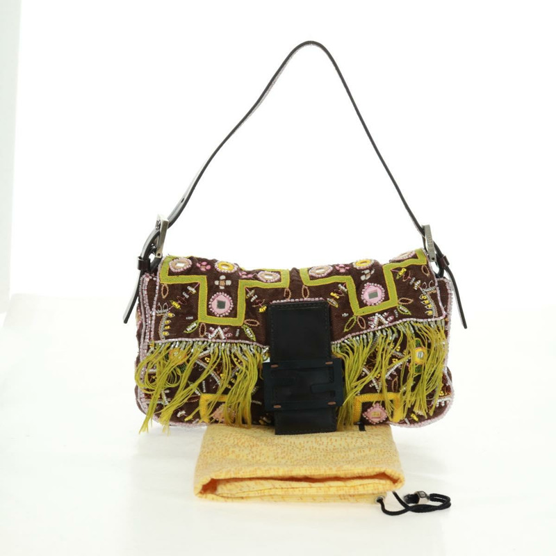 【日本直送】FENDI 珠飾 Mamma Baguette 單肩包 帆布 銀棕色 正品 161704SV-11