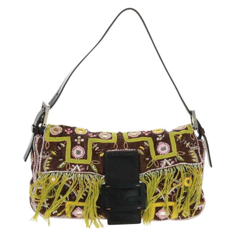 【日本直送】FENDI 珠飾 Mamma Baguette 單肩包 帆布 銀棕色 正品 161704SV-12