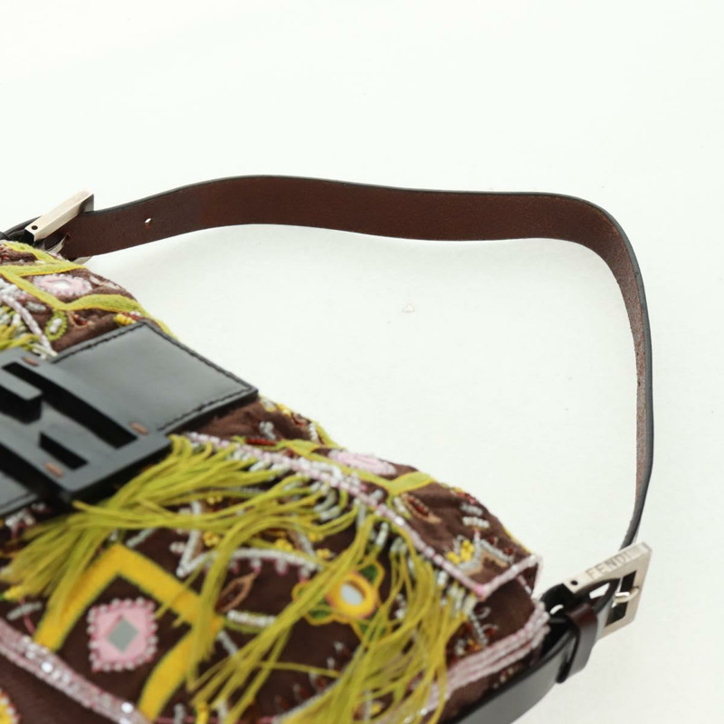 【日本直送】FENDI 珠飾 Mamma Baguette 單肩包 帆布 銀棕色 正品 161704SV-13