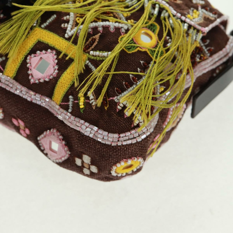 【日本直送】FENDI 珠飾 Mamma Baguette 單肩包 帆布 銀棕色 正品 161704SV-15