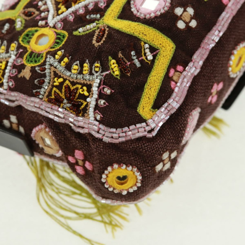 【日本直送】FENDI 珠飾 Mamma Baguette 單肩包 帆布 銀棕色 正品 161704SV-16