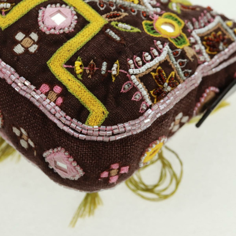 【日本直送】FENDI 珠飾 Mamma Baguette 單肩包 帆布 銀棕色 正品 161704SV-17