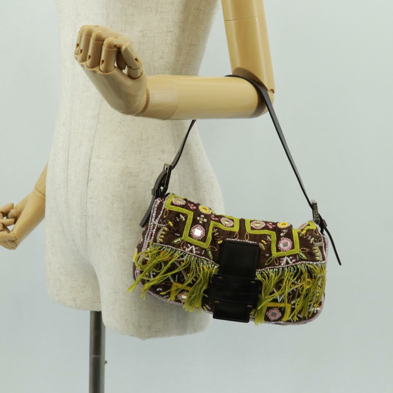 【日本直送】FENDI 珠飾 Mamma Baguette 單肩包 帆布 銀棕色 正品 161704SV-25