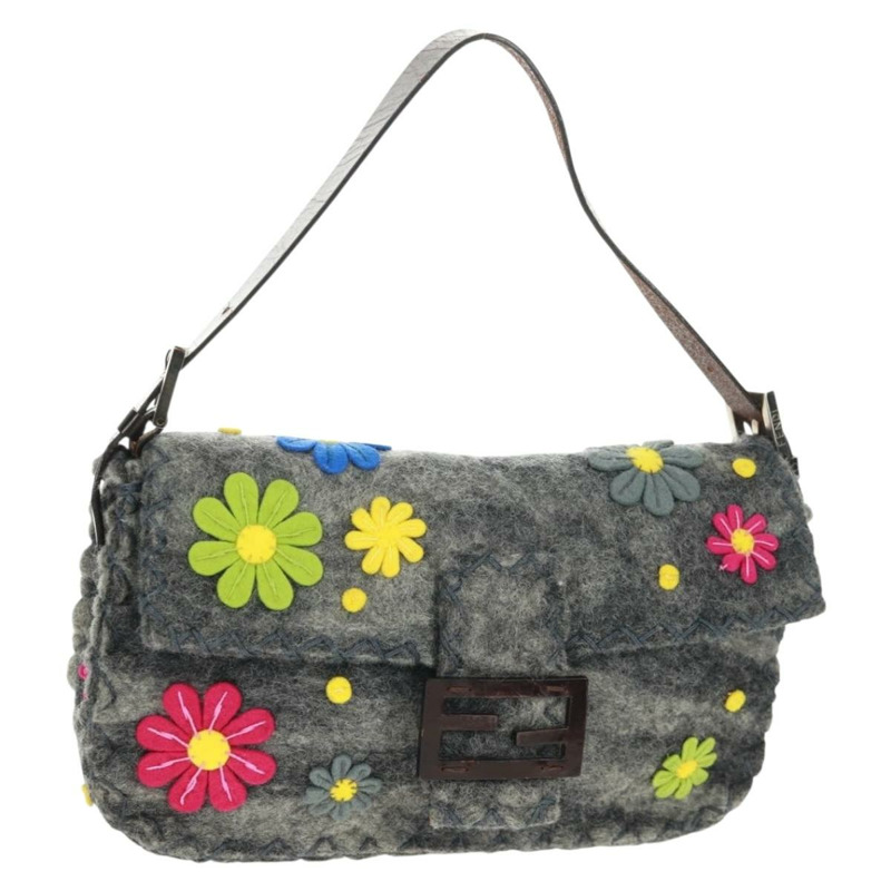 【日本直送】FENDI 花卉圖案 Mamma Baguette 單肩包 羊毛 灰色 銀色 正品 168312SAV-0