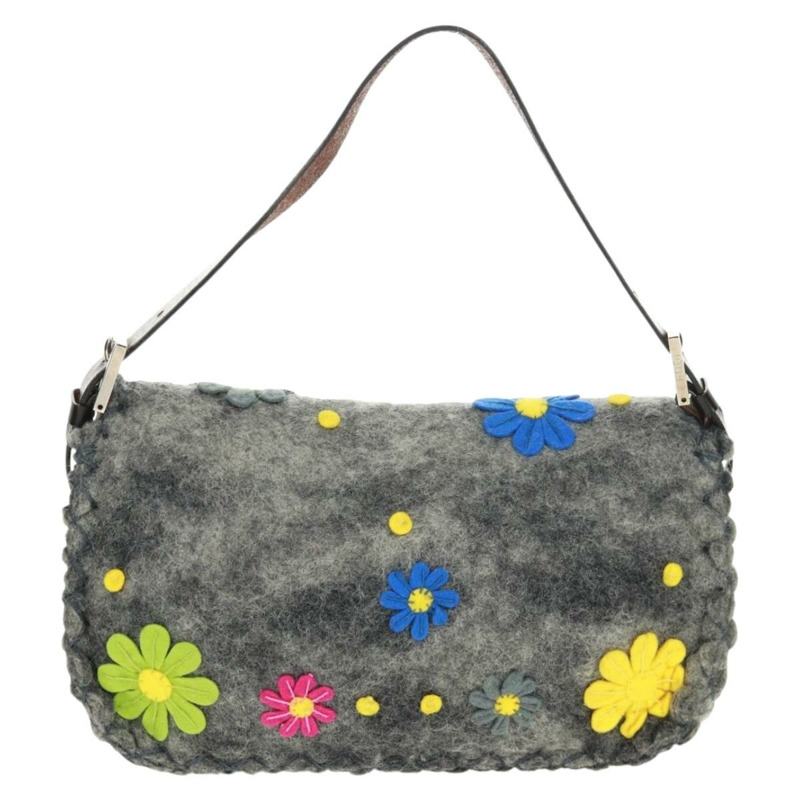 【日本直送】FENDI 花卉圖案 Mamma Baguette 單肩包 羊毛 灰色 銀色 正品 168312SAV-1