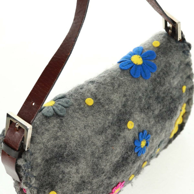 【日本直送】FENDI 花卉圖案 Mamma Baguette 單肩包 羊毛 灰色 銀色 正品 168312SAV-5