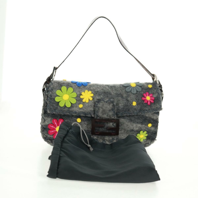 【日本直送】FENDI 花卉圖案 Mamma Baguette 單肩包 羊毛 灰色 銀色 正品 168312SAV-11
