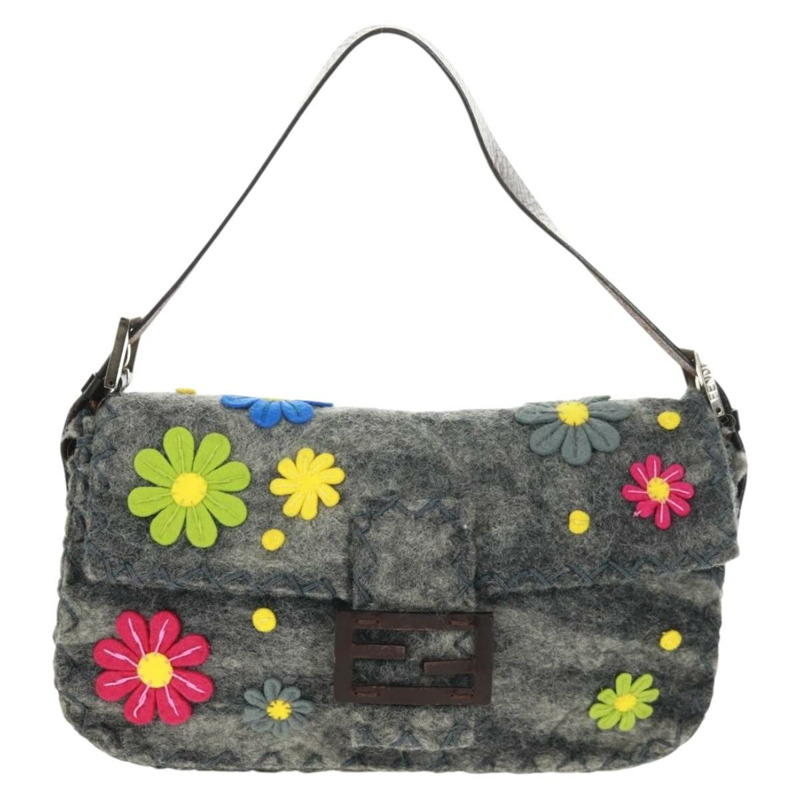 【日本直送】FENDI 花卉圖案 Mamma Baguette 單肩包 羊毛 灰色 銀色 正品 168312SAV-12