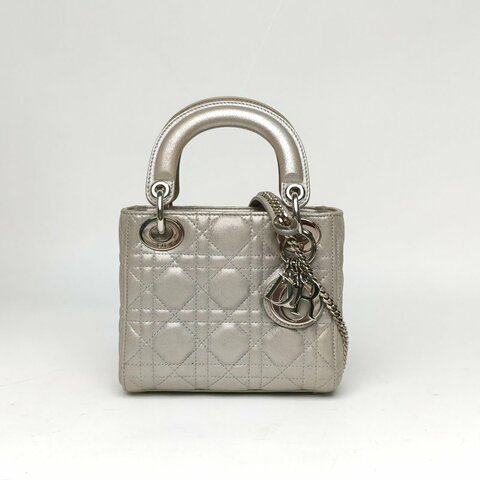 DIOR Lady戴妃包三格灰色科技皮銀扣2016肩背包