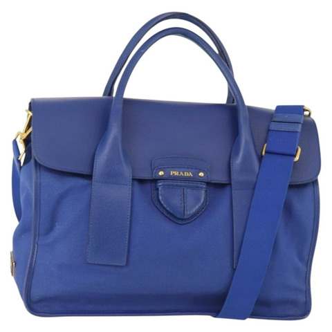 PRADA 手提包 皮革帆布 兩用 藍色金色 正品 BA10762