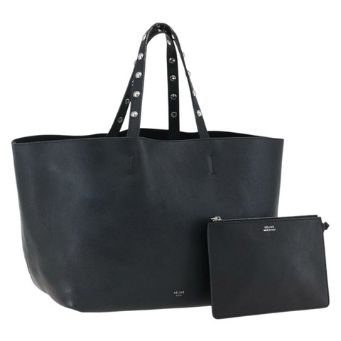 CELINE 鉚釘手提包 皮革 黑色 銀色 Auth mr2054