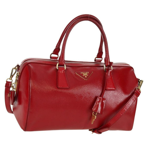 PRADA 手提包 Safiano 皮革 2way 紅色金色 Auth mr2038