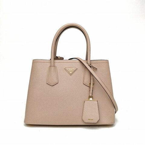 PRADA Double手提單肩包小號奶茶色牛皮金扣肩背包