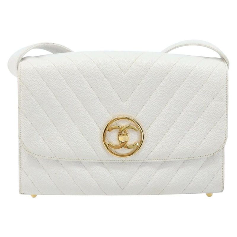 【日本直送】香奈兒 V 字縫線肩背包，魚子醬紋白金雙 C 標誌，正品編號 173438V-12