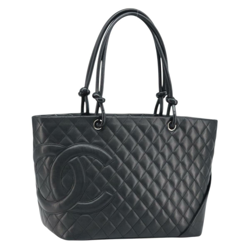 【日本直送】香奈兒 Cambon 系列絎縫托特包，羊皮材質，黑色銀色雙C標誌，正品編號 173305SAM-0