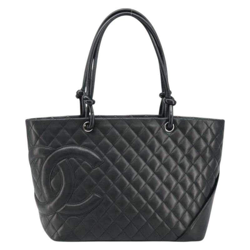 【日本直送】香奈兒 Cambon 系列絎縫托特包，羊皮材質，黑色銀色雙C標誌，正品編號 173305SAM-12