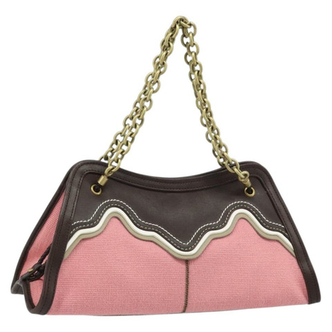 BOTTEGA VENETA 鏈條手提包 皮革帆布 兩用款 奧特萊斯 粉紅金色 正品 ARZ067V