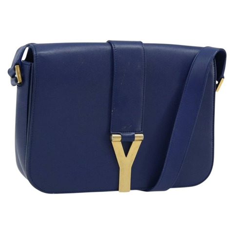 SAINT LAURENT Y Line 肩背包 皮革 藍色 金色 311214 正品 172514V