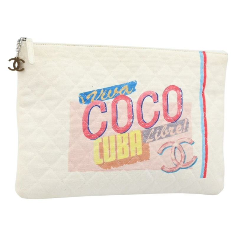 【日本直送】香奈兒 (CHANEL) Matelasse 帆布手拿包 白色 銀色 CC 標誌 Auth 172468V-0