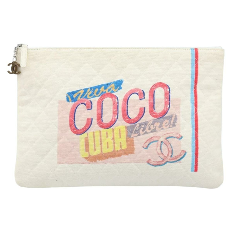 【日本直送】香奈兒 (CHANEL) Matelasse 帆布手拿包 白色 銀色 CC 標誌 Auth 172468V-12